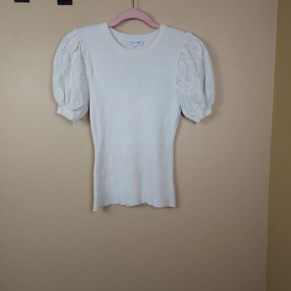 Milly Poof Sleeve Ribbed Sweater in White Size S STAINED - Picture 1 of 10